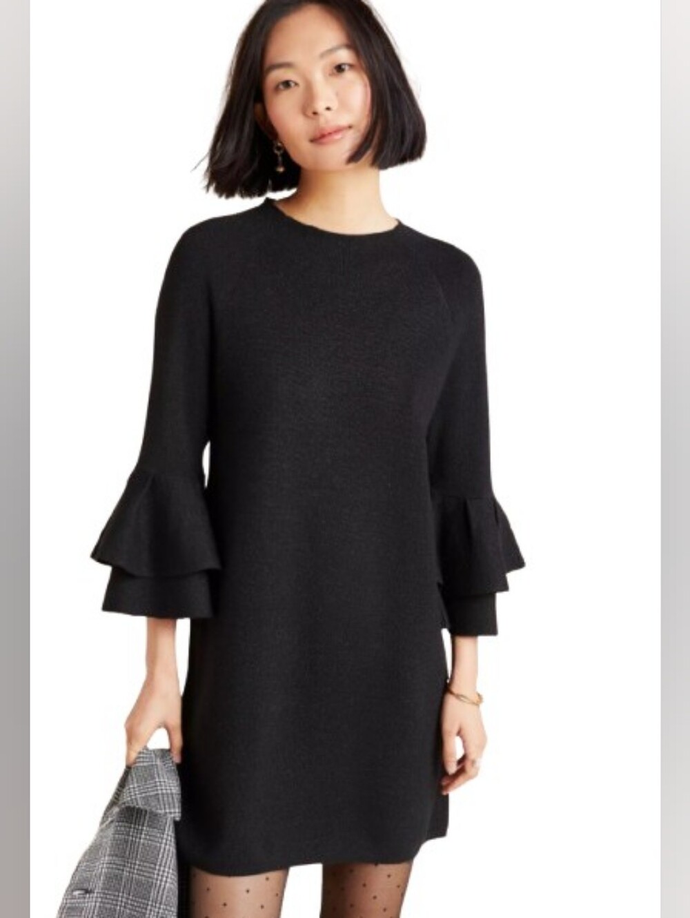 Anthropologie Claudette Ruffled Bell Sleeve Metallic Knit Mini Dress Size XS